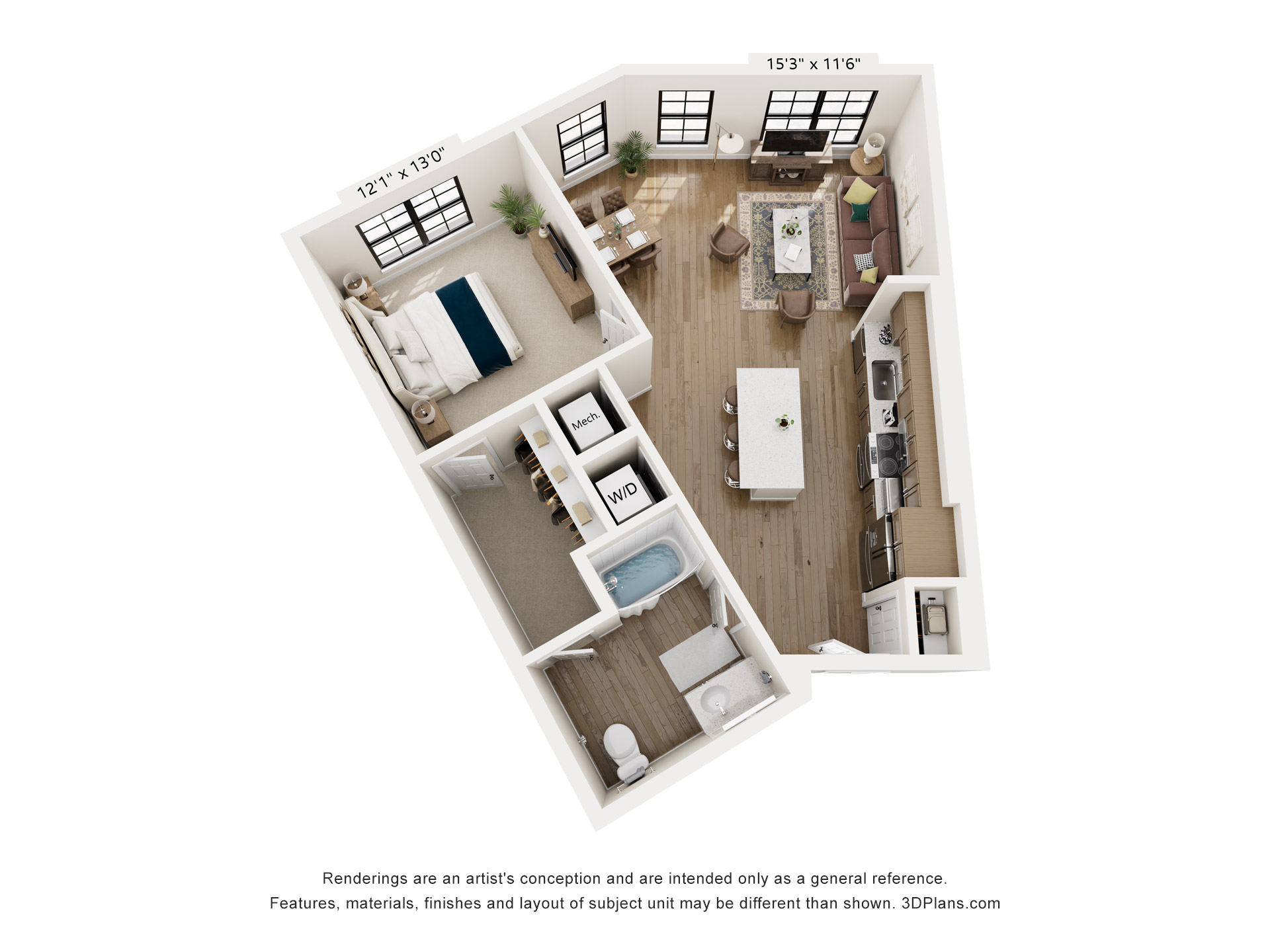 Floor plan for 1 bed, 1 bath, 854 sqft